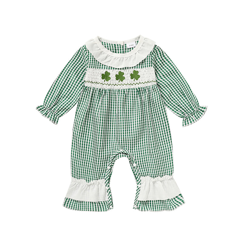Ewborn Baby Girls Green Plaid Four-leaf Clover Allover Print One-piece Long Sleeve Bodysuit