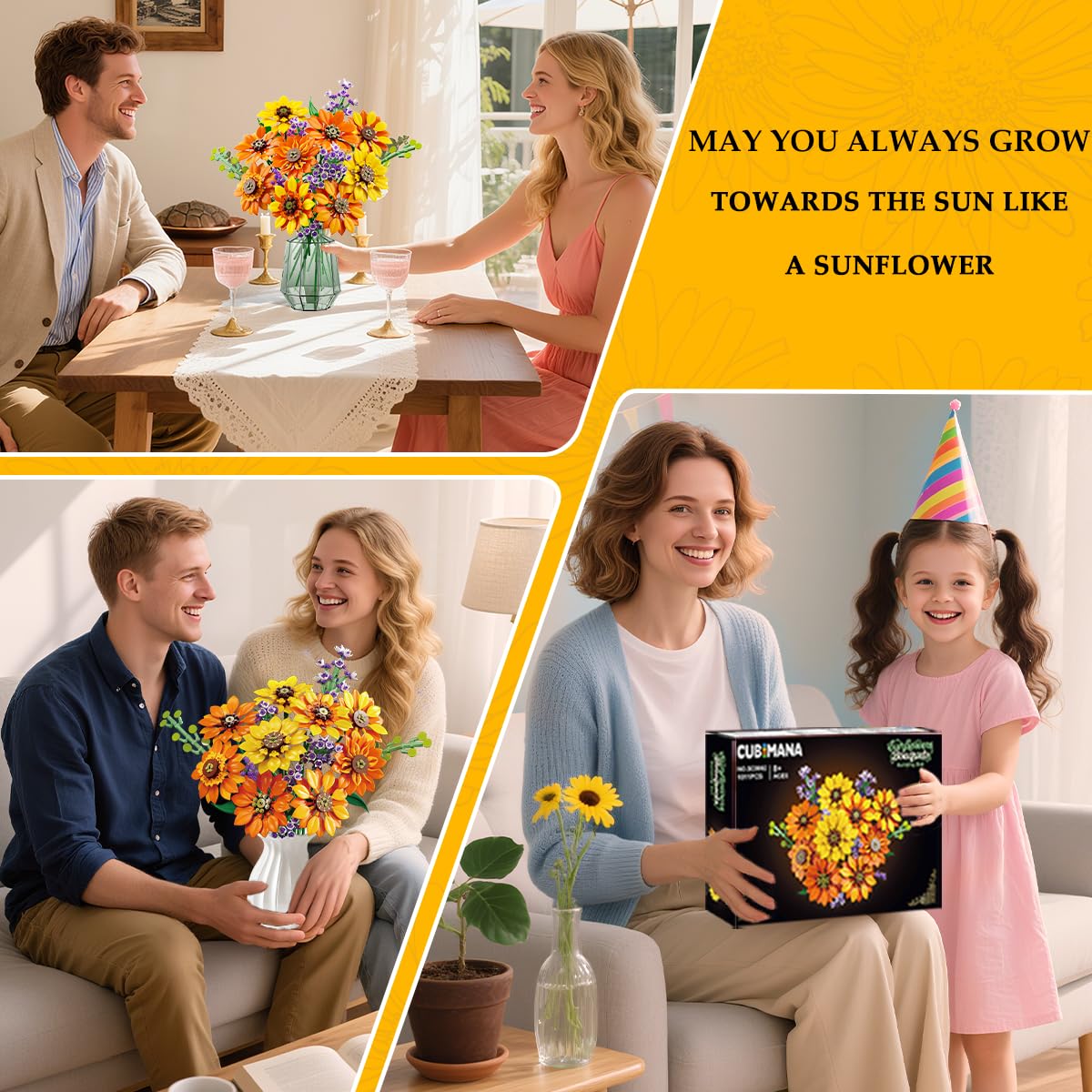 Flowers Sunflower Bouquet Building Set With Lights - 17 Flowers Botanical Artificial Plant Sunflower Building Blocks Art Home Decor Easter Gifts For Adults Women Girl