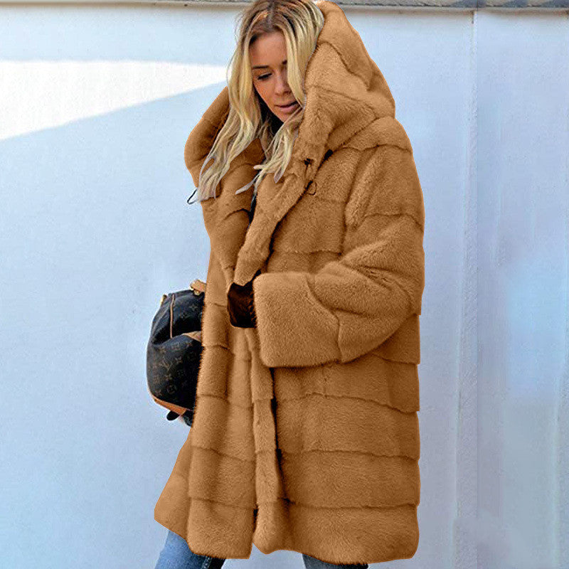 Solid Color Loose Plush Hooded Coatimitation Fur