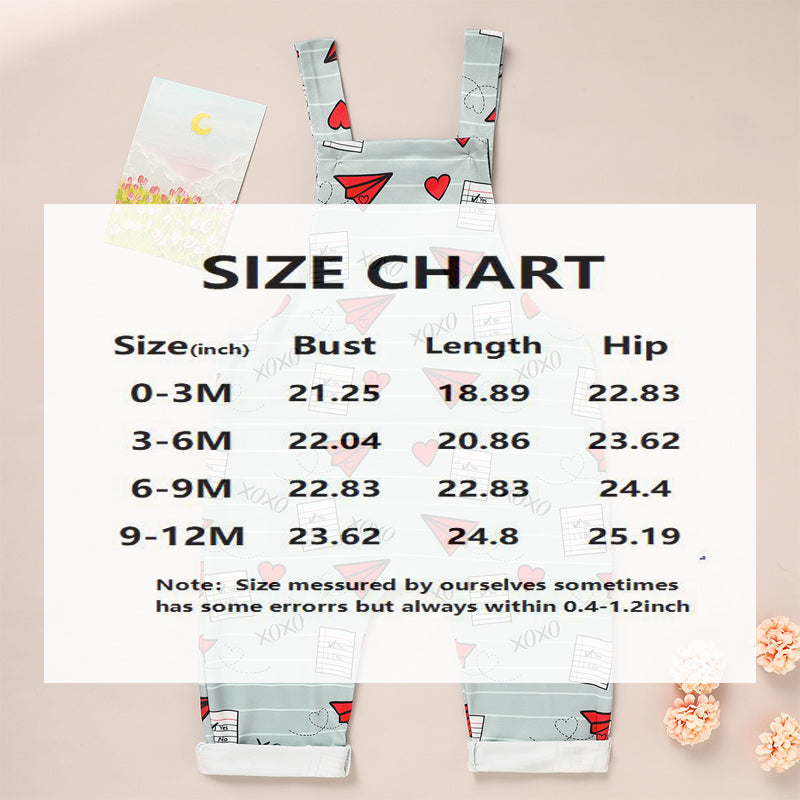 Baby Boy Girl's Casual Heart & Paper Plane Print Overalls, Adjustable Strap Romper For Spring Fall