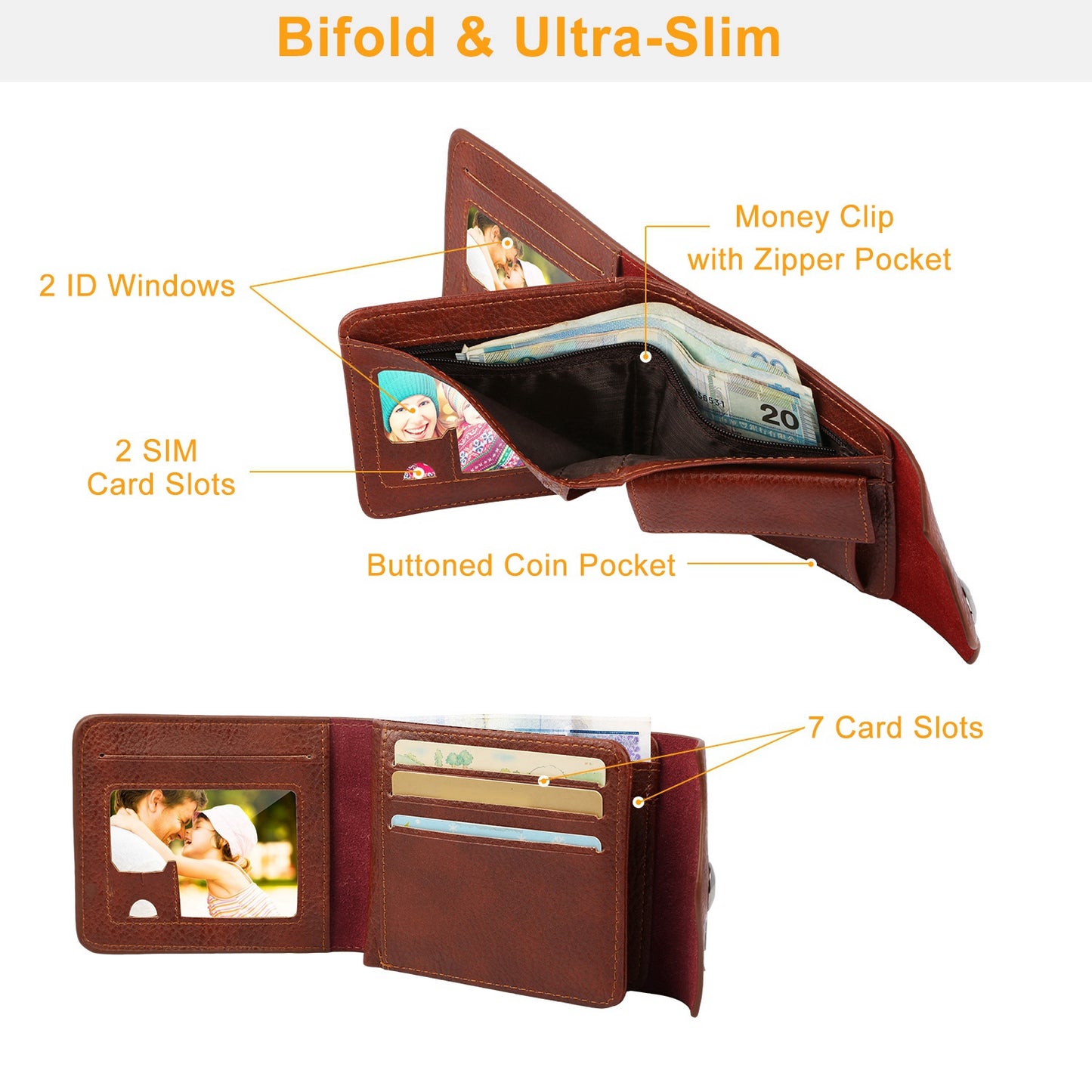 1Pc Men Wallet PU Leather Purse Slim Card Holder Cases With 2 ID Window Coin Pocket