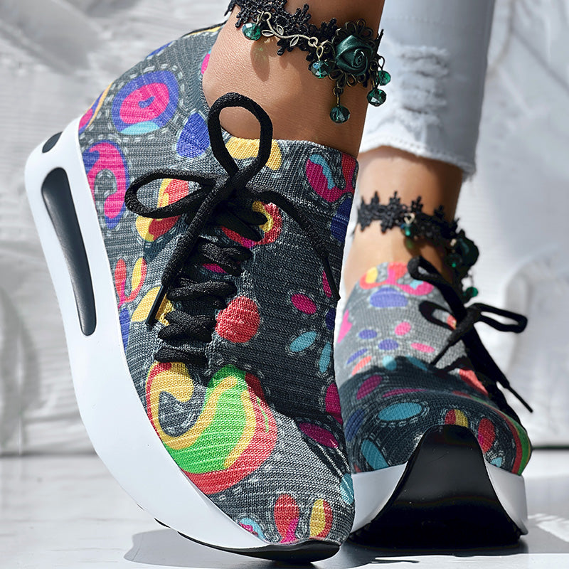 Women's Random Print Side Lace-Up Elastic Sport Shoes, Comfortable Slip-On Sneakers For Women, Casual Daily Wear Footwear