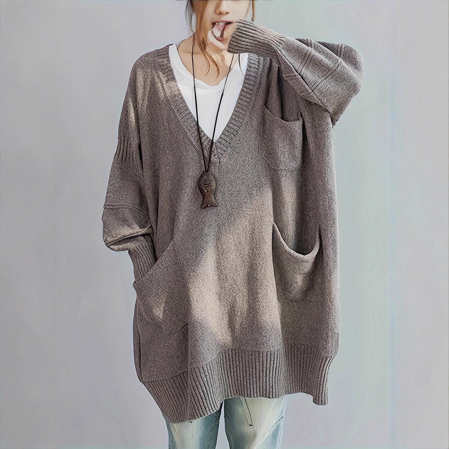 Loose-fitting V-neck Long Sleeves Outerwear Sweater