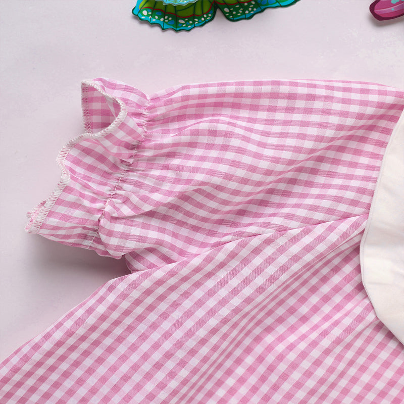 Toddler Girl's Round Neck Short Sleeve Dress, Checkered Pattern With Bunny Bow Embroidery A-Line Summer Dress