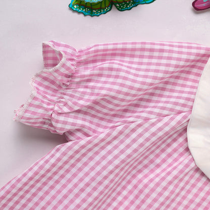 Toddler Girl's Round Neck Short Sleeve Dress, Checkered Pattern With Bunny Bow Embroidery A-Line Summer Dress