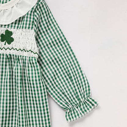 Ewborn Baby Girls Green Plaid Four-leaf Clover Allover Print One-piece Long Sleeve Bodysuit