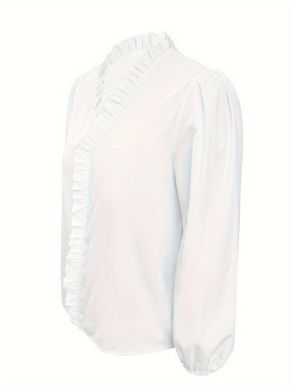 Pure Color Ruffle Hemline Shirt, Casual V-neck Long Sleeve Shirt.