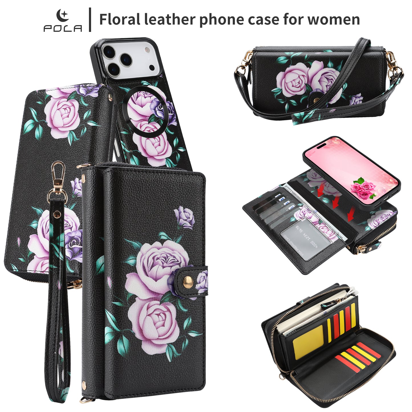 Crossbody Wallet Case For Phone 17 Pro Max 6.9 Inch Magnetic Detachable Floral PU Leather Phone Case With RFID Blocking Card Holder Wristlet Mirror Flip Zipper Shoulder Purse For Women