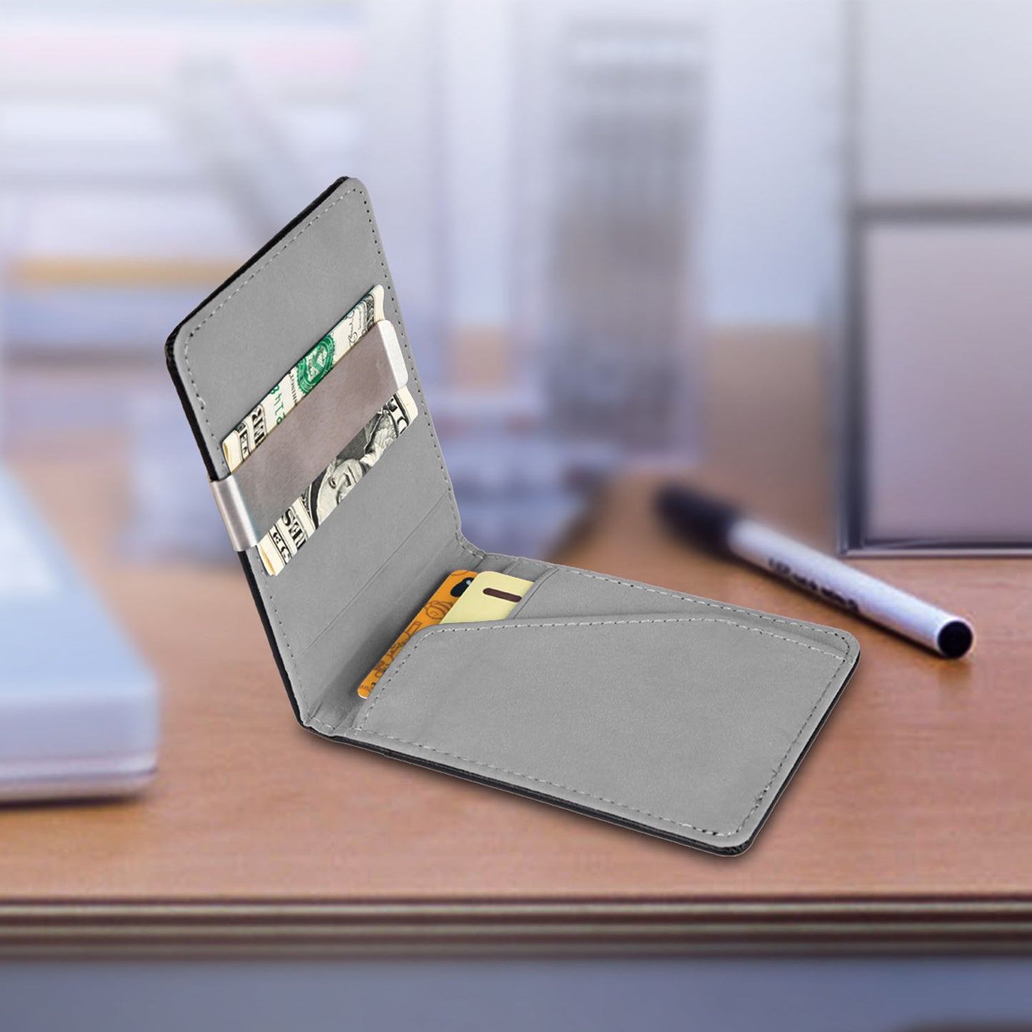 1Pc Unisex PU Leather Wallet For Women Blocking Slim Credit Card Holder With Money Clip