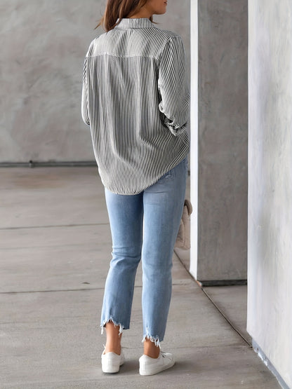 Ladies' Shirt, Classic Striped Print Casual Collar Long Sleeve With Pockets Shirt