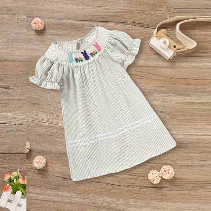 Toddler Girl's Cute Dress, Bunny & Floral Embroidery Checkered A-Line Dress With Lace Trim