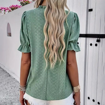 Women's Elegant Ruffle Detail Blouse Short Sleeve Round Neck Top