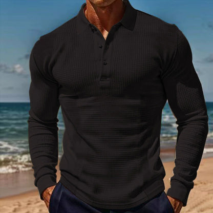 Lapel Button Long Sleeve Vacation Casual T-shirt