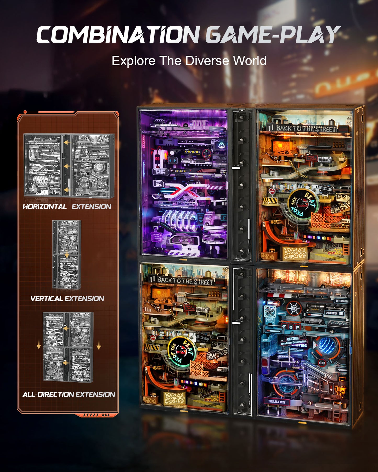 ROKR Parallel World Hip Hop Street Pinball Track, Mechanical 3D Puzzle With LED Lights And Automatic Lifting Function, USB Powered, Cyberpunk Desktop Ornament, DIY Model Assembly Kit MR03S