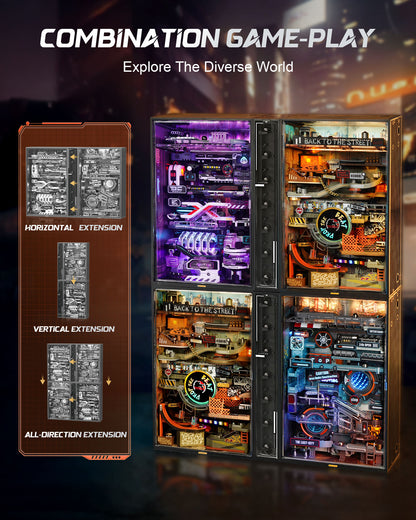 ROKR Parallel World Hip Hop Street Pinball Track, Mechanical 3D Puzzle With LED Lights And Automatic Lifting Function, USB Powered, Cyberpunk Desktop Ornament, DIY Model Assembly Kit MR03S
