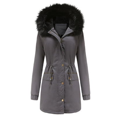 Women's Plush Hooded Parkas Winter Warm Thick  Zip-up Jackets Casual Mid-length Solid Buckle Pockets Coat Outerwear Clothing