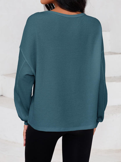 Fisoew Womens Cropped Sweatshirt Casual Waffle Knit Button V Neck Long Sleeve Loose Fit Fall Crop Tops