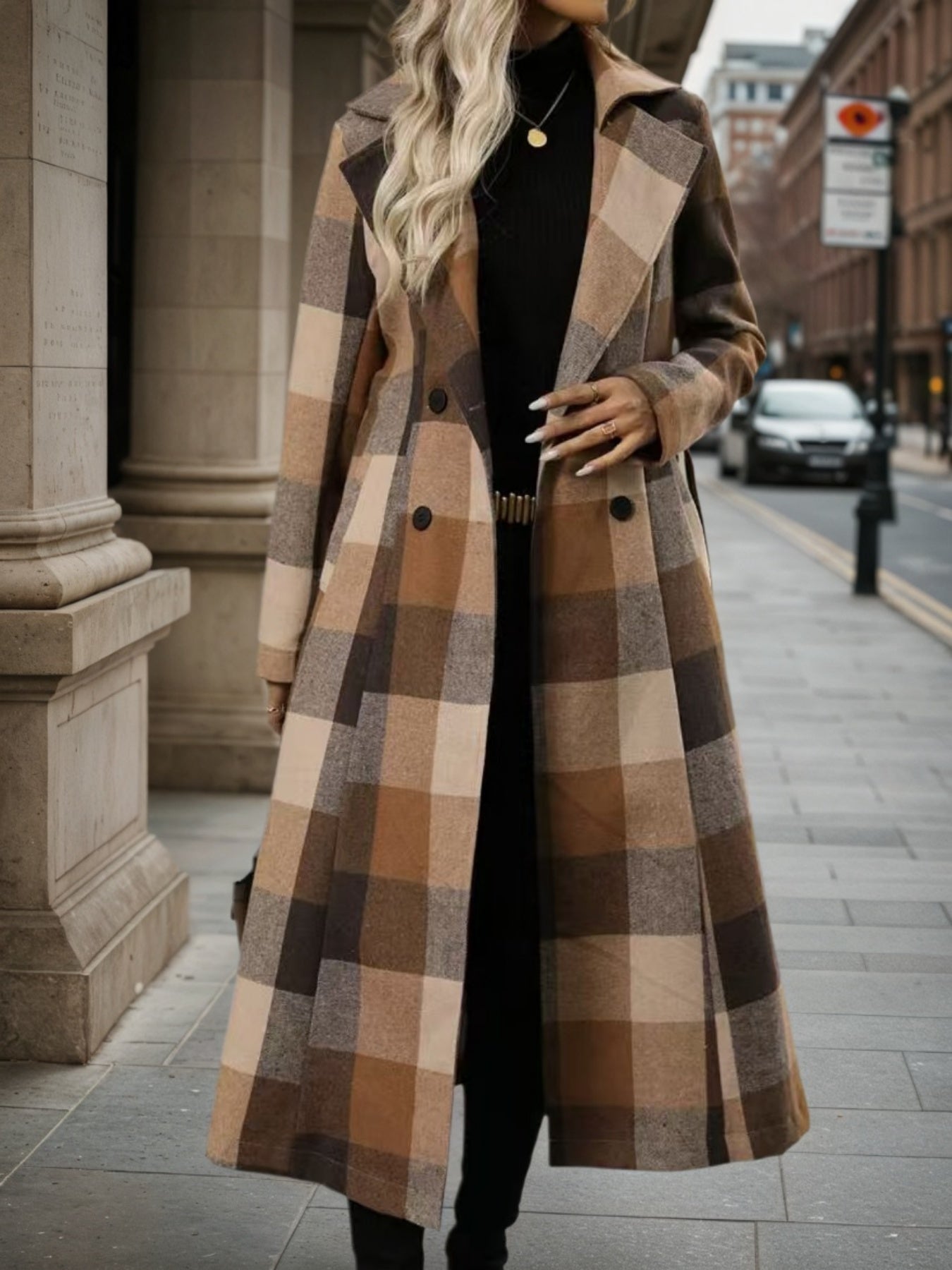 New Style Lapel Woolen Lace-up Double-breasted Extended Coat, Women's Windbreaker