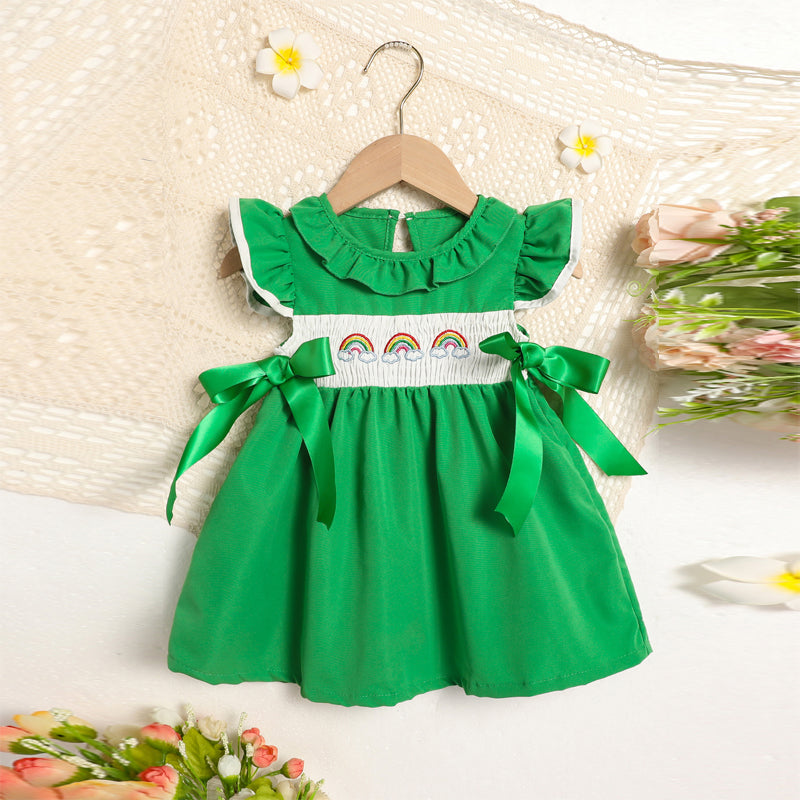 Toddler Girl's Ruffle Sleeve Dress Rainbow Embroidery & Bow Detail With Back Button Closure