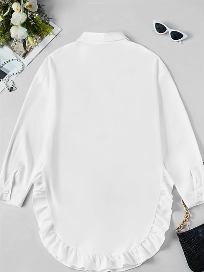 Women's Plus Size Casual Shirt With Ruffle Hem, Solid Color, Woven Polyester, Non-Stretch, Pointed Collar, Button Front, For All Seasons