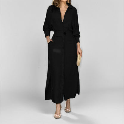 Women's Elegant Tied Solid Color Waisted Long-sleeved Shirt Dress