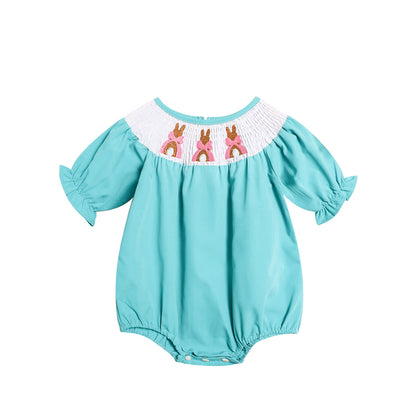Baby Girl Comforable Bunny Romper Set, Bubble Sleeve Onesie With Bow Rabbit Embroidery