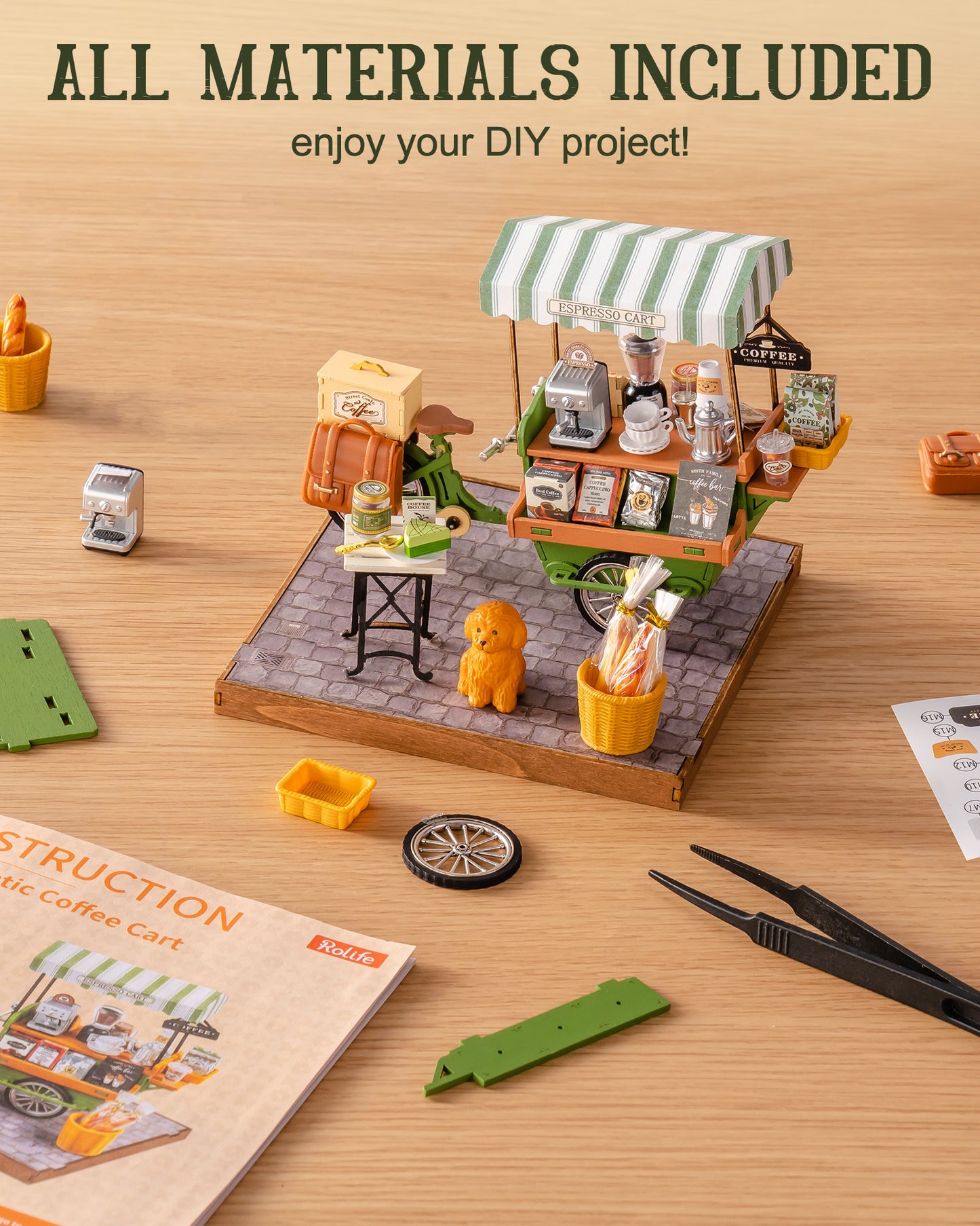 Rolife Coffee Cart Mini DIY Kit, 290-piece 3D Wooden Dollhouse Model, European Street Style, No Glue Required, Desktop Decoration And Handmade Gift For Adults