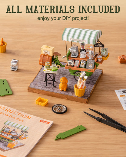 Rolife Coffee Cart Mini DIY Kit, 290-piece 3D Wooden Dollhouse Model, European Street Style, No Glue Required, Desktop Decoration And Handmade Gift For Adults