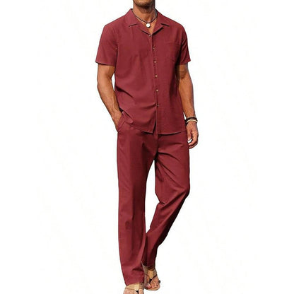 American-style Vintage Short-sleeve Shirt And Casual Trousers Two-piece Set