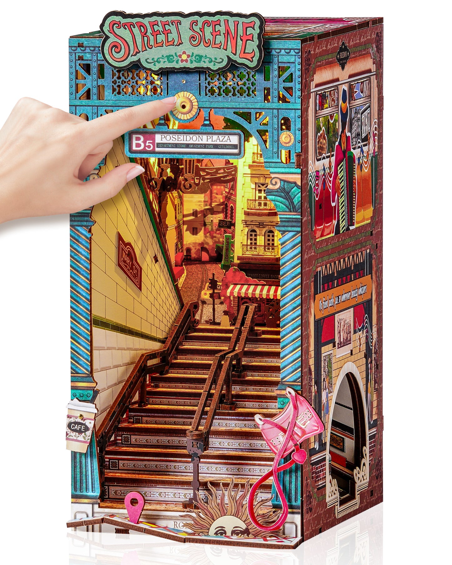 Rolife Urban Street Scene Bookend Set - 3D Subway Scene, 3D Puzzle Set With LED Lights, 196 Wooden Puzzle Pieces, Bookshelf Decoration With Dust Cover, Modern Urban 3D Model Gift