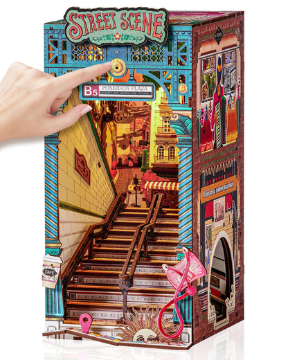 Rolife Urban Street Scene Bookend Set - 3D Subway Scene, 3D Puzzle Set With LED Lights, 196 Wooden Puzzle Pieces, Bookshelf Decoration With Dust Cover, Modern Urban 3D Model Gift