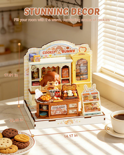 Rolife Cookii Rabbit's Biscuit Shop Mini DIY House Kit, 182-Piece Wooden Bakery Dollhouse, No Glue Required, Home Decor For Adults And Teens, Adorable Gift For Women