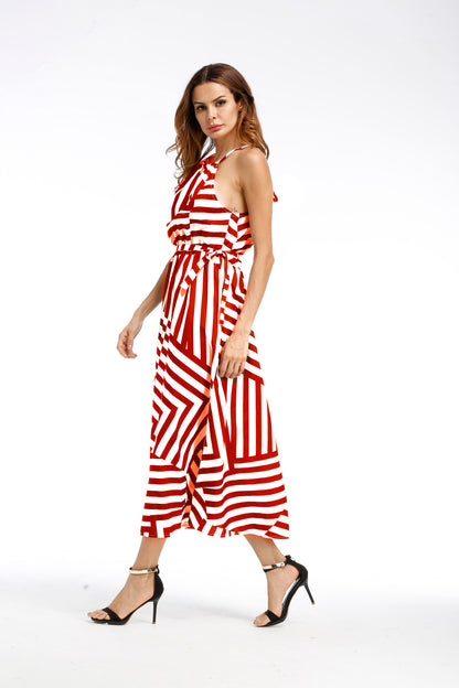 Ladies Printed Loose Dress With Suspenders And Large Swing Skirt
