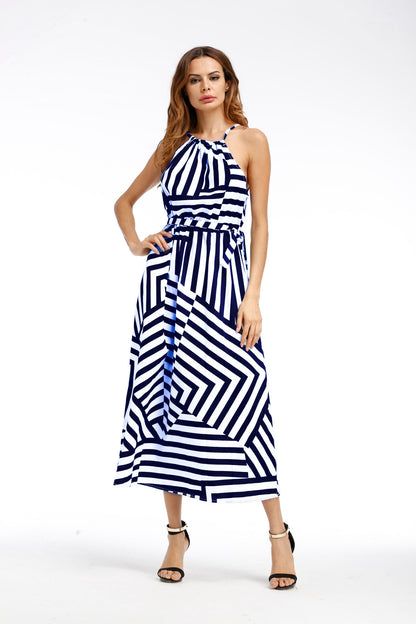 Ladies Printed Loose Dress With Suspenders And Large Swing Skirt