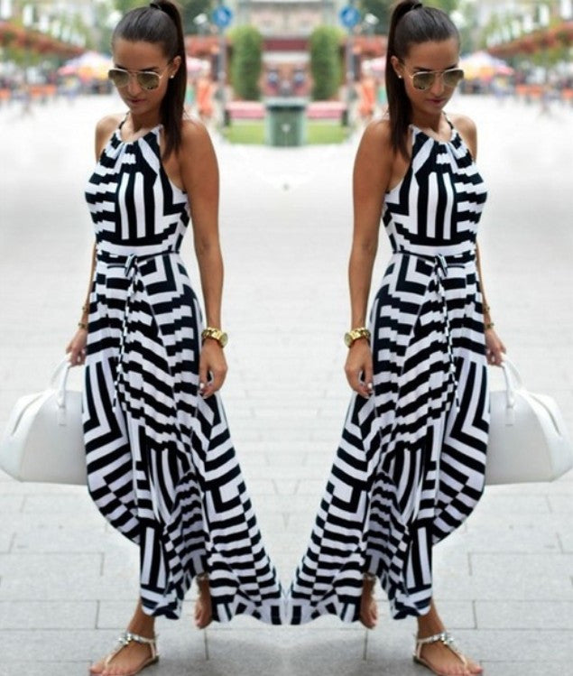 Ladies Printed Loose Dress With Suspenders And Large Swing Skirt