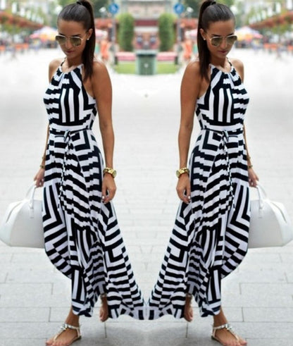Ladies Printed Loose Dress With Suspenders And Large Swing Skirt