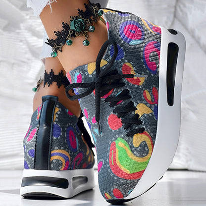 Women's Random Print Side Lace-Up Elastic Sport Shoes, Comfortable Slip-On Sneakers For Women, Casual Daily Wear Footwear