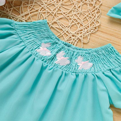 Toddler Girl's Bunny Dress Bow Headband Ruffle Sleeve Smocked Dress With Rabbit Embroidery For Summer