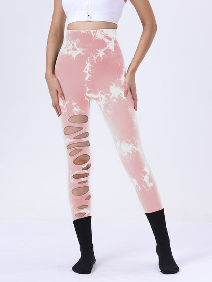 Butt Lifting Yoga Gym Athletic Pants, Hollow Out Tummy Control Sports Leggings Tie Dye Running Pants