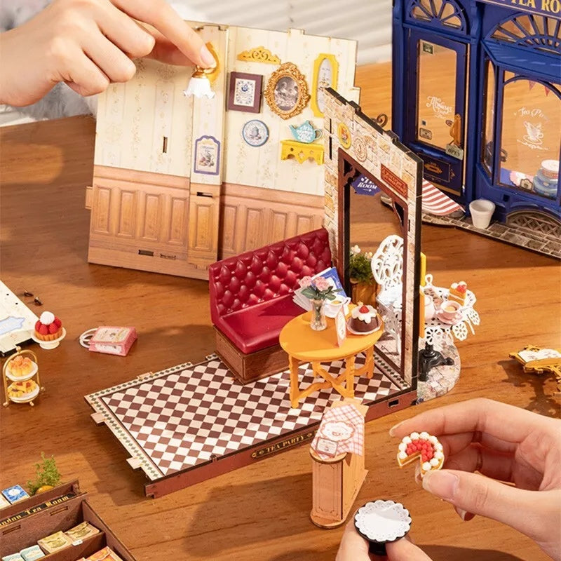 ROBOTIME DIY Miniature Dollhouse Kit - Tea Room With LED Lights And Furniture, Wooden Model Building Set For Adults And Kids, Creative Gift For Leisure Time
