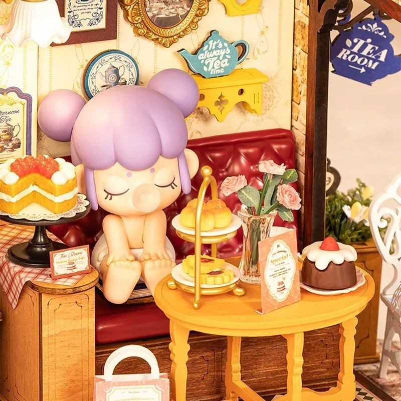 ROBOTIME DIY Miniature Dollhouse Kit - Tea Room With LED Lights And Furniture, Wooden Model Building Set For Adults And Kids, Creative Gift For Leisure Time