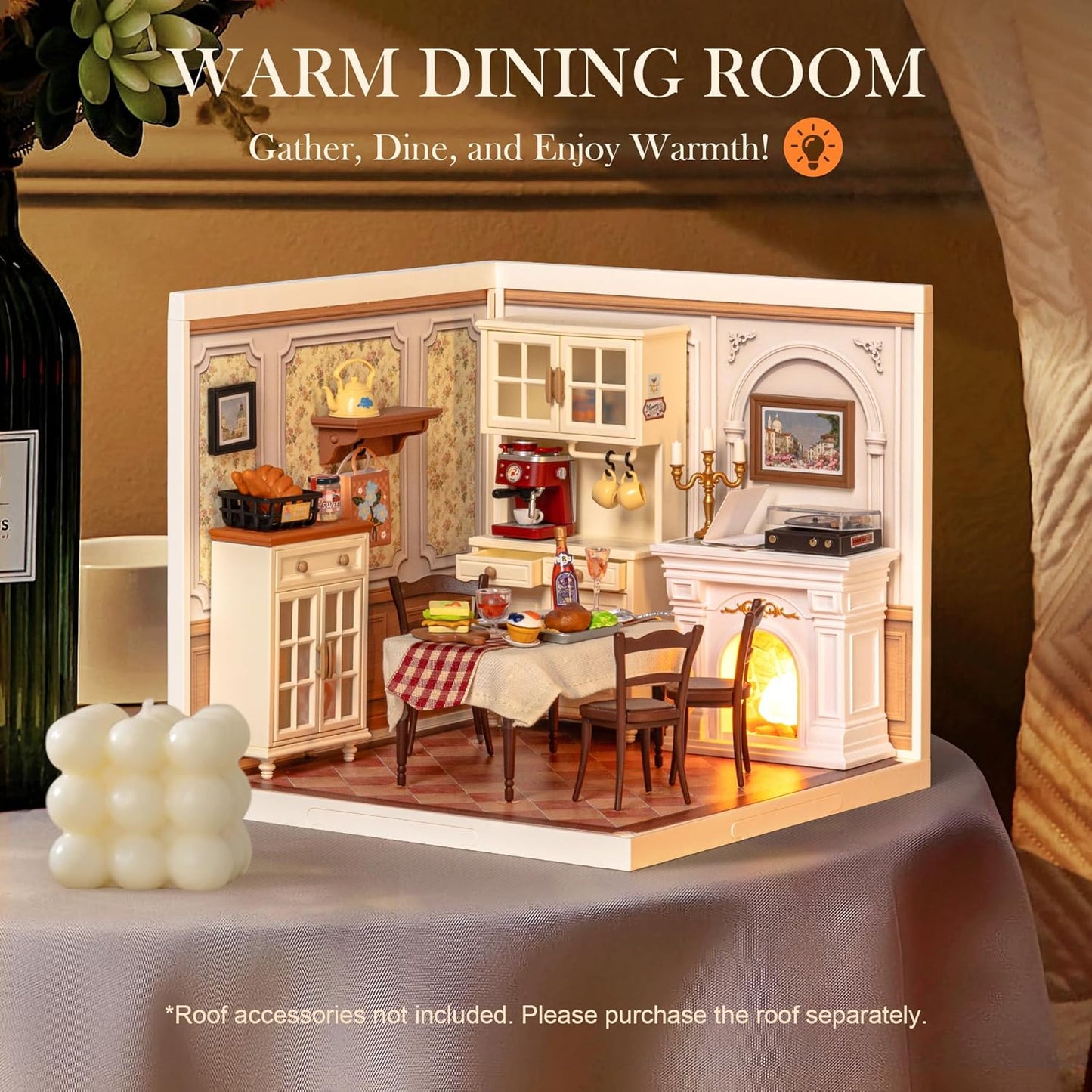ROBOTIME DIY Miniature House Kit Dollhouse Model Building Craft Kit Birthday Creative Gifts For Adults Kids Girls Boys Warm Dining Room
