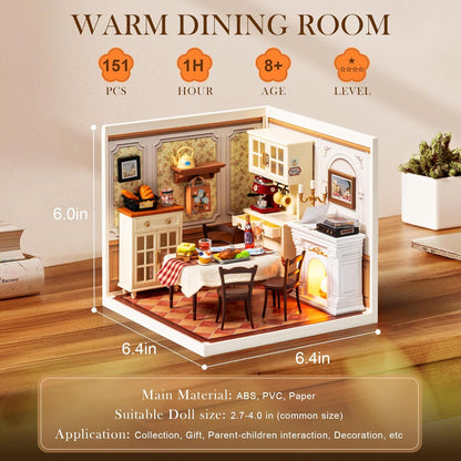ROBOTIME DIY Miniature House Kit Dollhouse Model Building Craft Kit Birthday Creative Gifts For Adults Kids Girls Boys Warm Dining Room