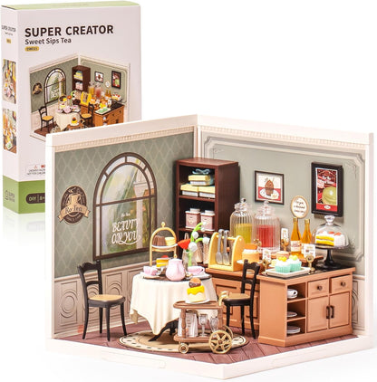ROBOTIME DIY Miniature House Kit, Tea House Dollhouse Model Building Craft Kit With LED For Adults And Kids, Birthday Gift DW011