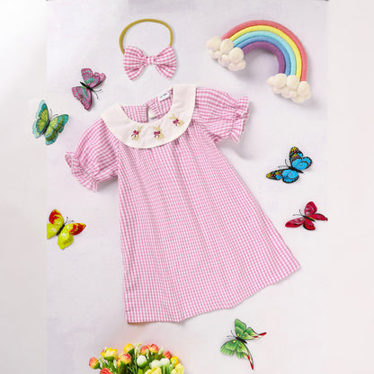 Toddler Girl's Round Neck Short Sleeve Dress, Checkered Pattern With Bunny Bow Embroidery A-Line Summer Dress