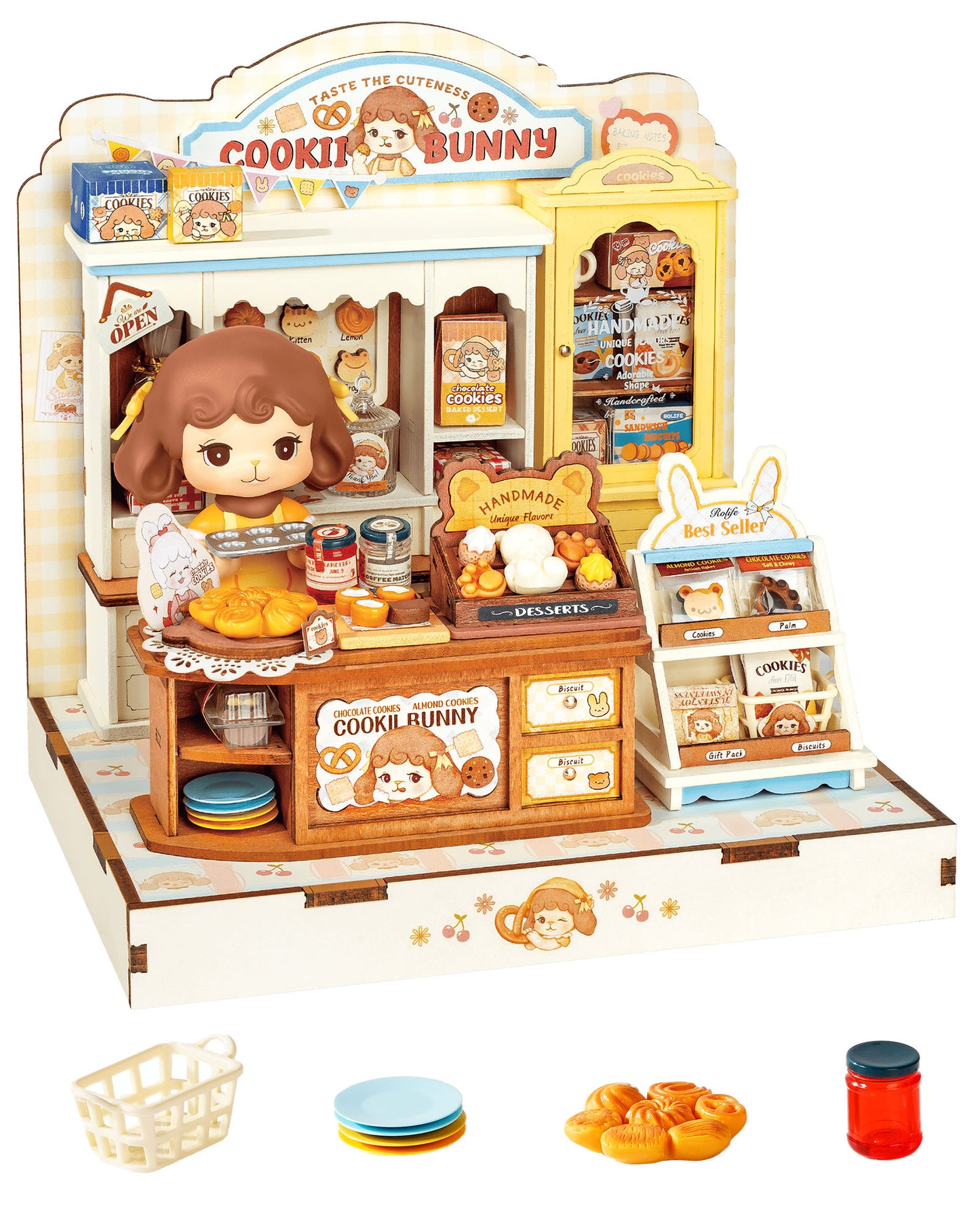 Rolife Cookii Rabbit's Biscuit Shop Mini DIY House Kit, 182-Piece Wooden Bakery Dollhouse, No Glue Required, Home Decor For Adults And Teens, Adorable Gift For Women