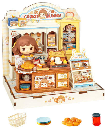 Rolife Cookii Rabbit's Biscuit Shop Mini DIY House Kit, 182-Piece Wooden Bakery Dollhouse, No Glue Required, Home Decor For Adults And Teens, Adorable Gift For Women