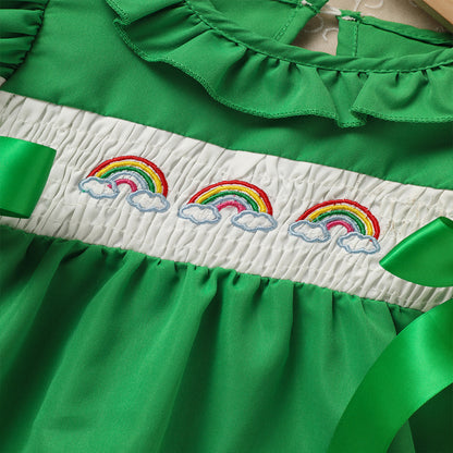 Toddler Girl's Ruffle Sleeve Dress Rainbow Embroidery & Bow Detail With Back Button Closure