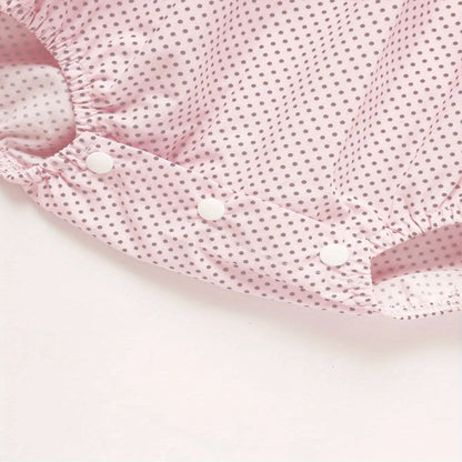 Baby Girl's Short Sleeve Pink Romper, Polka Dot Pattern With Heart Embroidery And Ruffle Detail