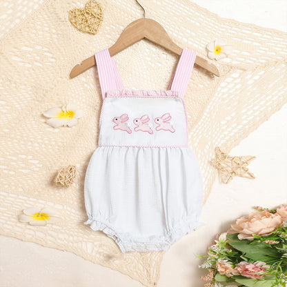 Baby Sweet Bunny Romper, Ruffle Trim Onesie With Adjustable Straps & Snap Closure